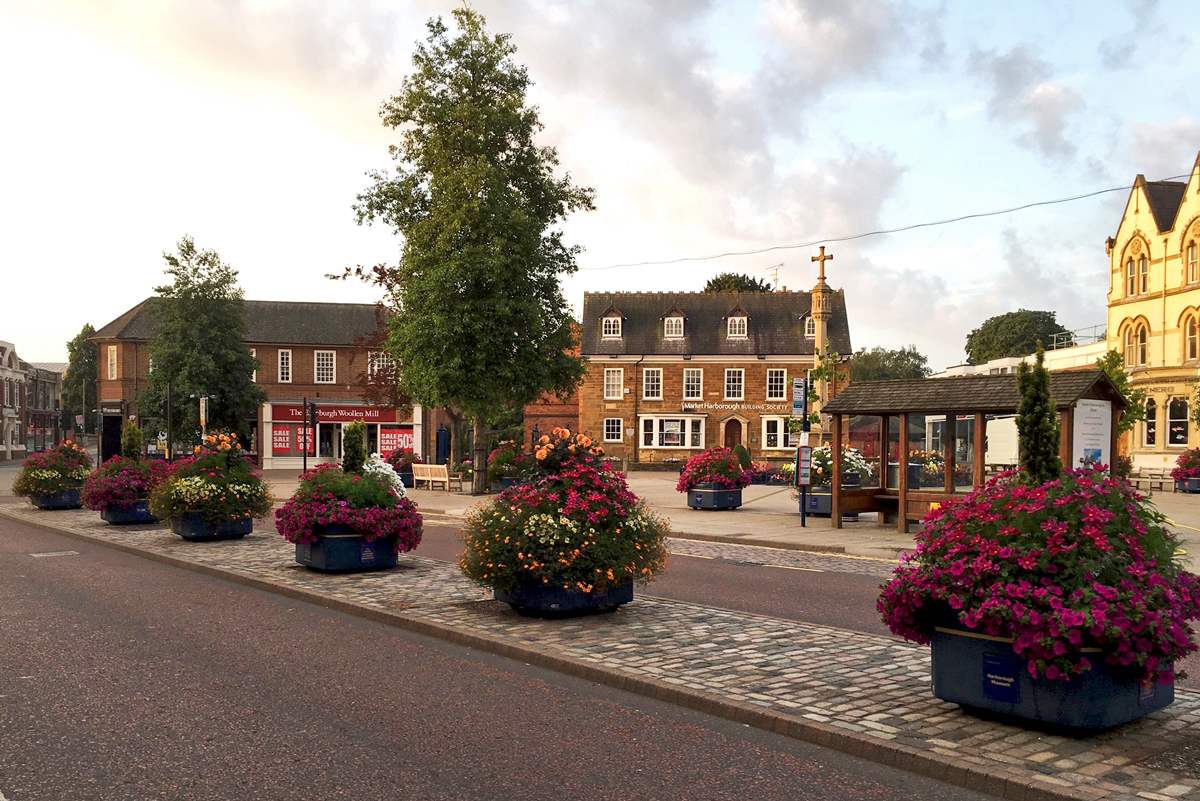 Amberol planters bring a splash of colour to historic Market Harborough
