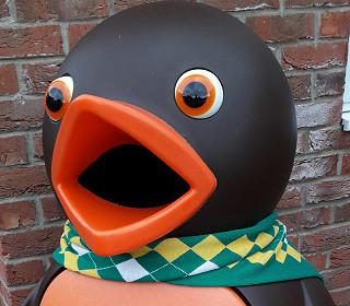 Chomp the chocolate orange bird bin revealed to be a Norwich City supporter!